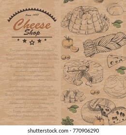 Vertical background with cheese products. Vector illustration for your design