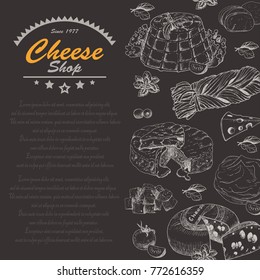 Vertical background with cheese products. Vector illustration for your design