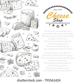 Vertical background with cheese products. Vector illustration for your design