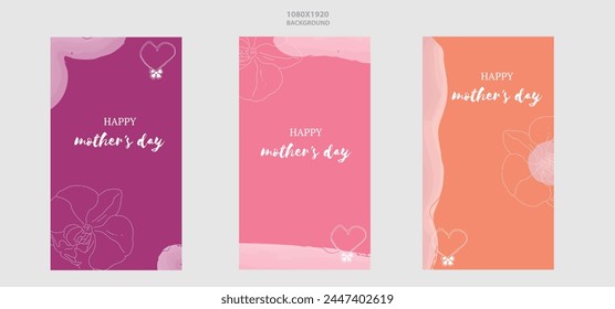 Vertical background collection in pink and beige tones with paintings and line drawing of flower and heart. Illustration for happy mother's day or women's events.