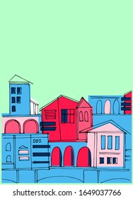 Vertical background with colorful old town cityscape on the green. Perfect for touristic ad, leaflet, booklet, brochure, cover, presentation