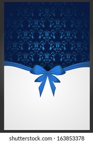 Vertical background with damask floral decoration and ribbon bow. Template for invitation, greeting card, menu