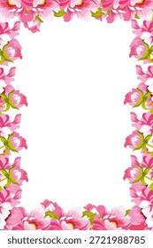 Vertical background with a dense pink peony and green leaf border frame surrounding a white central space for text