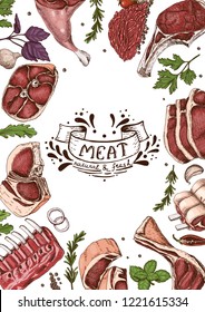 Vertical background with different color meats in sketch style. Vector illustration for your design
