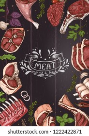 Vertical background with different color meats in sketch style. Vector illustration for your design