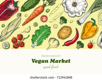 Vertical background with different vegetables. Organic food. Vector illustration for your design