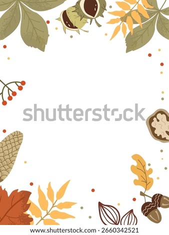  Vertical background featuring border of various autumn elements: colorful leaves, chestnuts, walnuts, acorns, pine cones, and rosehips Ideal for seasonal greetings, promotions, or social media posts.
