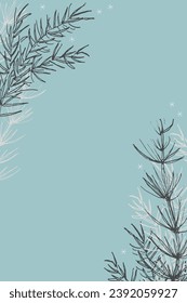 Vertical Background with fir branches for text, hand drawn vector illustration boho ornament. Backdrop with plants festive motive for congratulations Winter holidays, New Year, Christmas for card, web