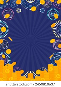 vertical background of fireworks and point coins