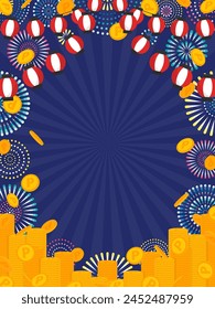 vertical background of fireworks, point coins and lanterns