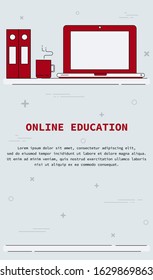Vertical background with flat workplace, software, website, online education elements for design. Vector illustration for website, mobile menu
