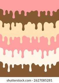 Fundo vertical com camadas desenhadas à mão de gotas de sorvete, chocolate, esmalte, cobertura, baunilha, morango, creme brulee, caramelo. Gota longa, gotejamento de bolo, sobremesa, gelato. EPS10