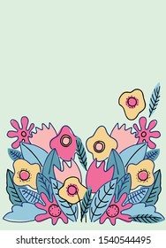 Vertical background with hand drawn lush abstract flowers. Print and web design template with place for your text. Modern style
