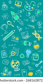 A vertical background with hand-drawn education and science doodles. This modern seamless pattern is perfect for a mobile wallpaper, social media story, or a creative back to school design project.