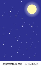 Vertical background with the image of the full moon and stars. Falling stars on a blue background. Vector illustration.