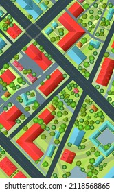 Vertical background image. Streets of city. Top, View from above. Small town house and road. Map with roads, trees and buildings. Modern car. Cartoon cute style illustration. Vector.