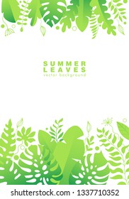 Vertical background with jungle palm tree branches and leaves. Backdrop decorated by foliage of rainforest plants. Poster, greeting or invitation card, template design,  cover, party advertisement. 