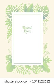Vertical background with jungle palm tree branches and leaves. Backdrop decorated by foliage of rainforest plants. Poster, greeting or invitation card, template design, cover, party advertisement.