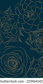 Vertical background in minimalist style, golden contoured flowers on blue color vector illustration