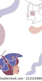 Vertical background in a modern one line and flat art style of a woman with butterfly. Hand drawn continuous line art vector illustration. Continuous one line drawing. Very Peri trendy color. 