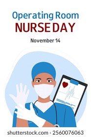 Vertical background with nurse in blue uniform. Operating Room Nurse Day. November 14. Design for banner, greeting card, presentation, flyer. Vector medicine illustration.