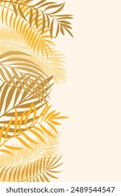 Vertical background with palm leaves in golden tones. Summer frame with space for text. Vector.