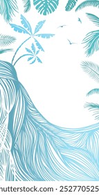 Vertical background palm trees and sea graphic lines. Hand drawing. Not AI, Vector illustration