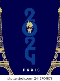 Vertical background for Paris 2024 travel or sports games. Paris 2024 travel logo with Eiffel Tower. Vector illustration