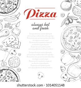 Vertical background with pizza and various products