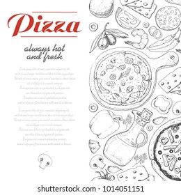 Vertical background with pizza and various products