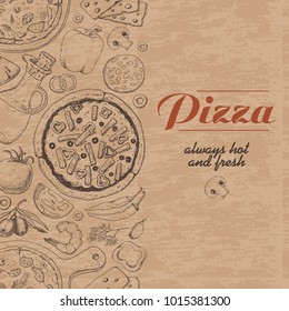 Vertical background with pizza and various products. Vector illustration for your design