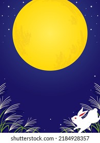 vertical background with a rabbit, silver grasses and full moon