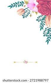 Fondo de Vertical con hibisco rosa rojo y tulipanes de melocotón en un arreglo floral de esquina sobre fondo blanco con un Pequeño elemento divisor de oro floral
