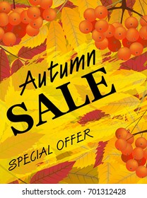 Vertical background with rowan, berries and leaves, fall. Sign autumn sale. Vector illustration.