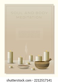 Vertical background with space for text or advertising about meditation, yoga studio, relaxation spa procedures.  Meditative background in beige colors. Tibetan singing bowl, candles