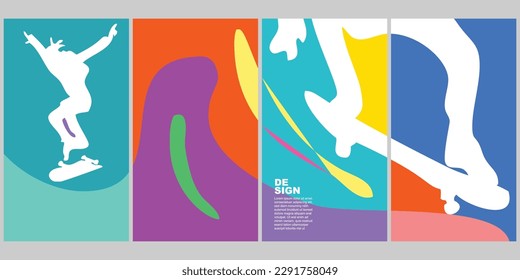 Vertical background template frame. Set of 4 color collections. Skateboard Summer Color Pop Vertical Background Set for Poster Social Media