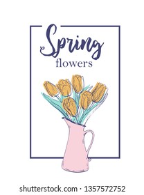 Vertical background template with hand drawn tulips and text. Banner with spring flowers on white background. Top view elements in pale tender colors.