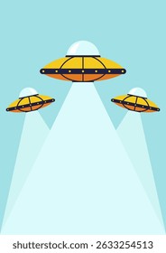 Modelo de plano de fundo vertical com três UFO e algum espaço de cópia para texto no céu azul claro