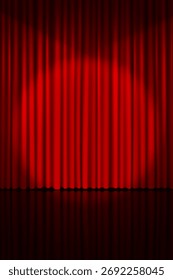 Vertical background with theatre stage, red curtains and spotlight beam. Vector