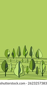 Vertical background with trees and firs in meadows, fields, forests in green shades. Tree crowns with green young foliage. International Day of Forests. Place for text. Flat vector illustration.