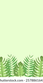 Vertical background with tropical forest leaves on the bottom side, monstera leaves and exotic palm leaves. Place for text. Vector illustration in flat design style