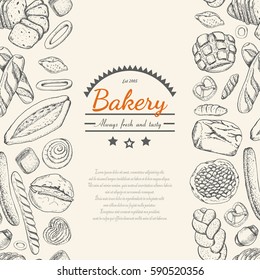 Vertical background with various bakery products. Vector illustration for your design