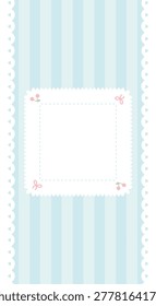 Vertical background vector with blue strip pattern and lace frame. Kawaii naive stationery with flirty bows and cherries. Childish doodle aesthetic in pastel blue cottagecore colors with space