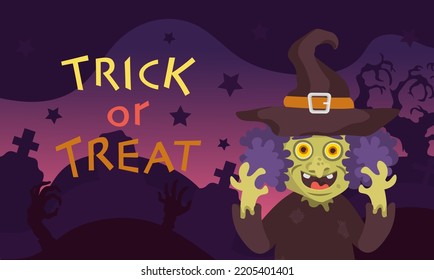 vertical background with witch and inscription halloween trick or treat