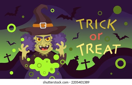 vertical background with witch and potion and inscription halloween trick or treat