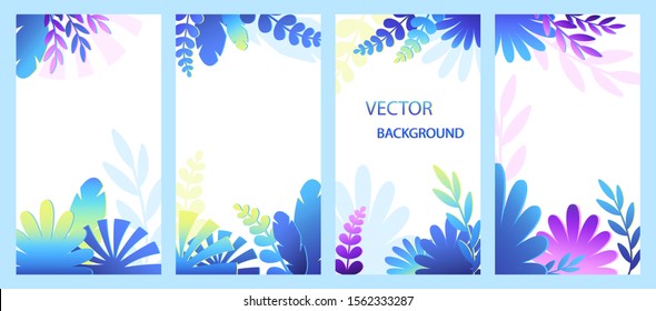 Vertical backgrounds with abstract voluminous leaves. Modern gradient. Backgrounds for social networks, stories, banners, posters, cover design templates with space for text. Vector illustration