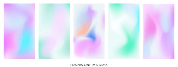 Vertical backgrounds set with a holographic effect. Blurred gradient in purple, blue, pastel green colors. Y2k techno backdrop. Neon minimalist futuristic art. Vector illustration.