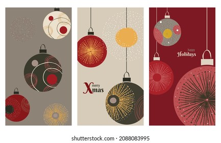 Vertical backgrounds with shiny christmas balls decor. Elegant and trendy greeting postcards with fireworks decoration, perfect for social media backgrounds in red, gold, pink, gray and white colors. 