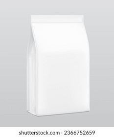 Vertical bag mockup. Flat bottom gusset bag. Front view. High realistic. Vector illustration isolated on grey background. Ready for use in presentation, promo, advertising and more. EPS10.