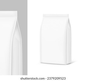 Vertical bag mockup. Flat bottom gusset bag. Half side view. High realistic. Vector illustration isolated on white background. Ready for use in presentation, promo, advertising and more. EPS10.